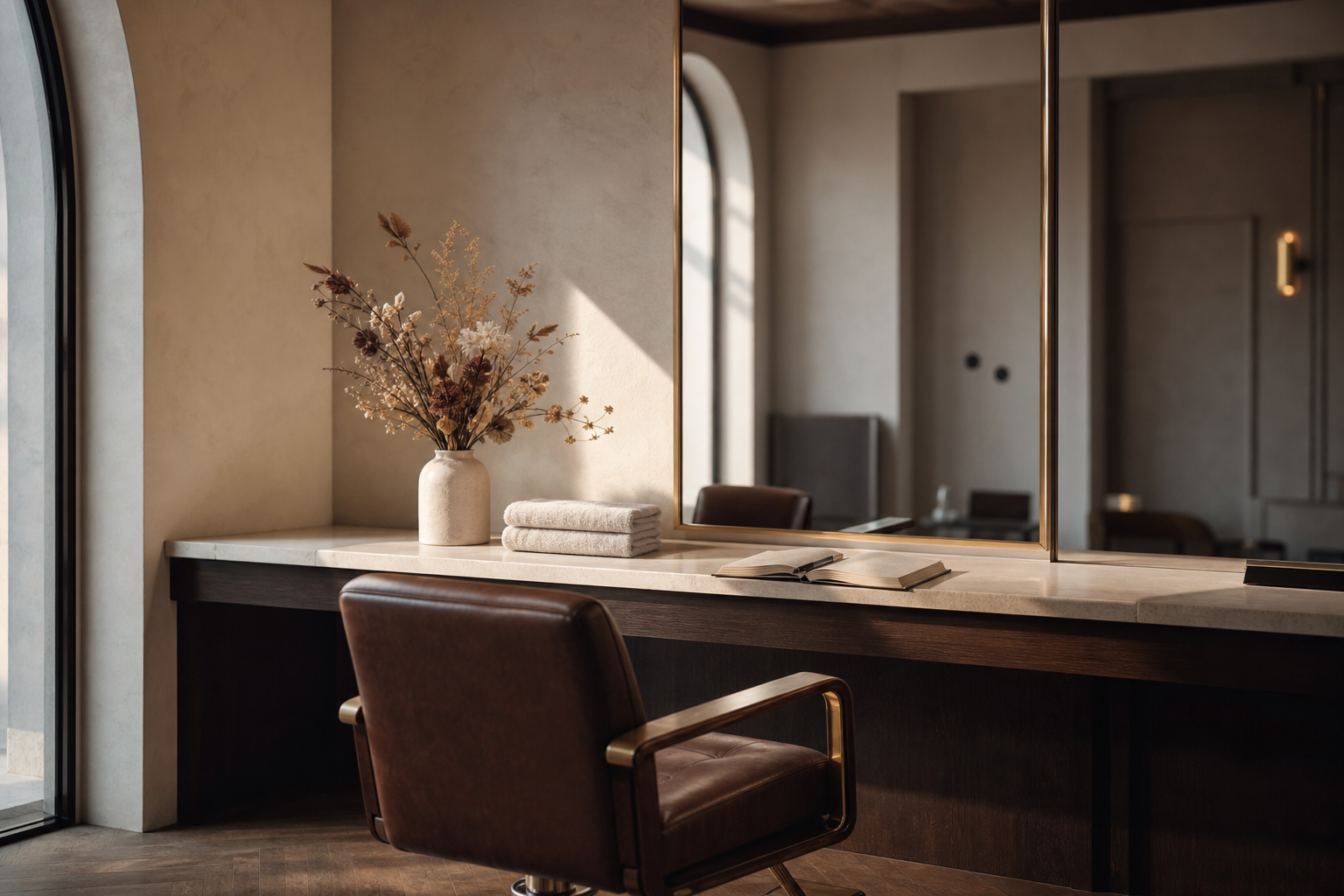 Salon room corner, afternoon light, neutral palette