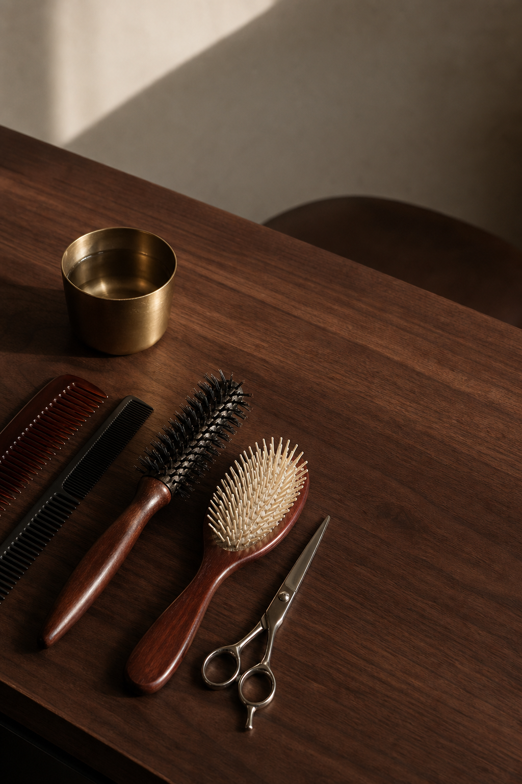 Combs and brushes laid out on the counter