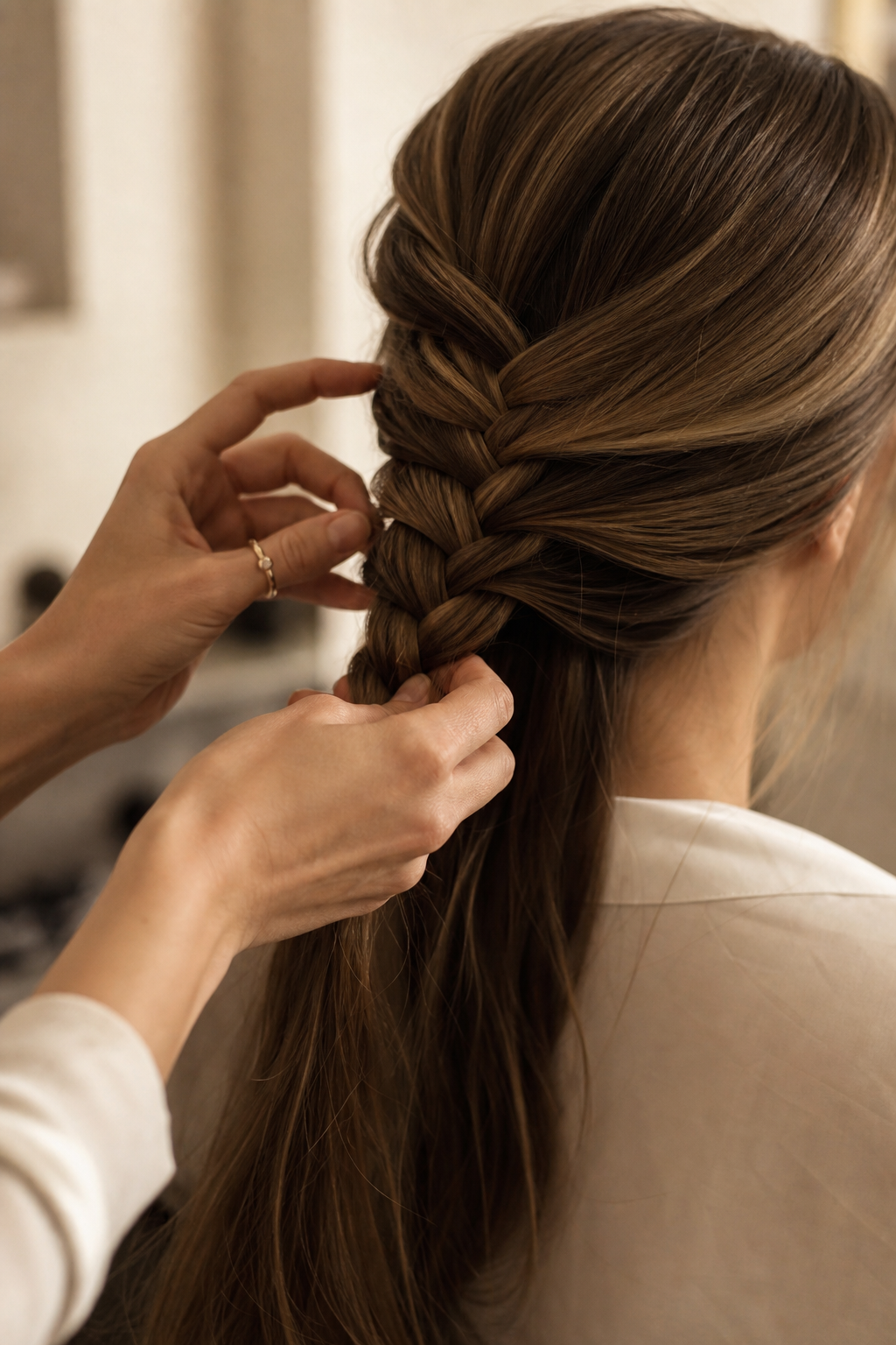 Stylist braiding, hands at work