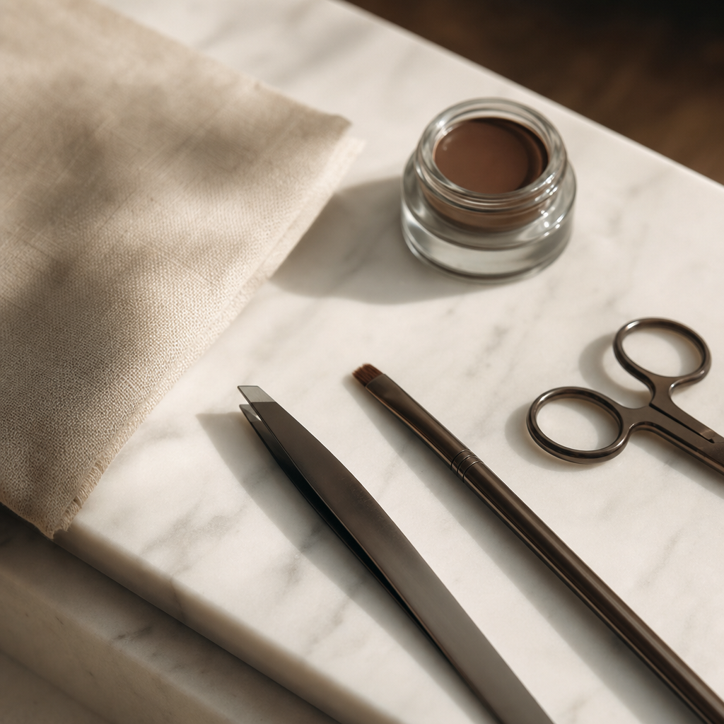 Close detail of a freshly shaped brow with soft natural tint